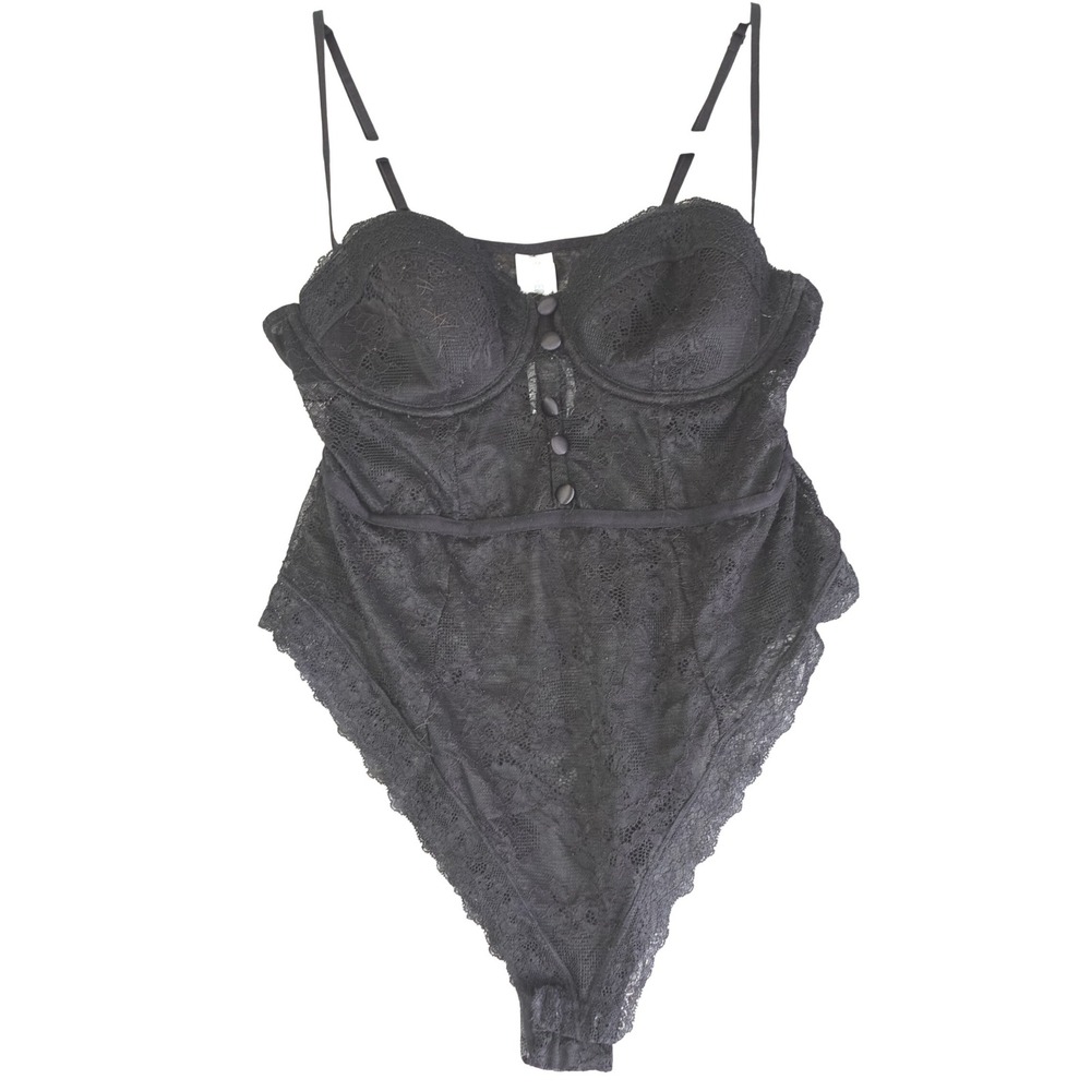 Forever 21 Bodysuit Womens M Black Lace Bustier Teddy Bra Top Sheer Whimsigoth‎